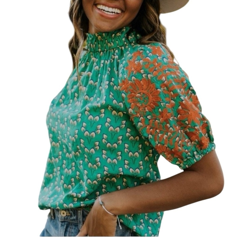 Floral Green and Orange Women's Top - Picture 2 of 6